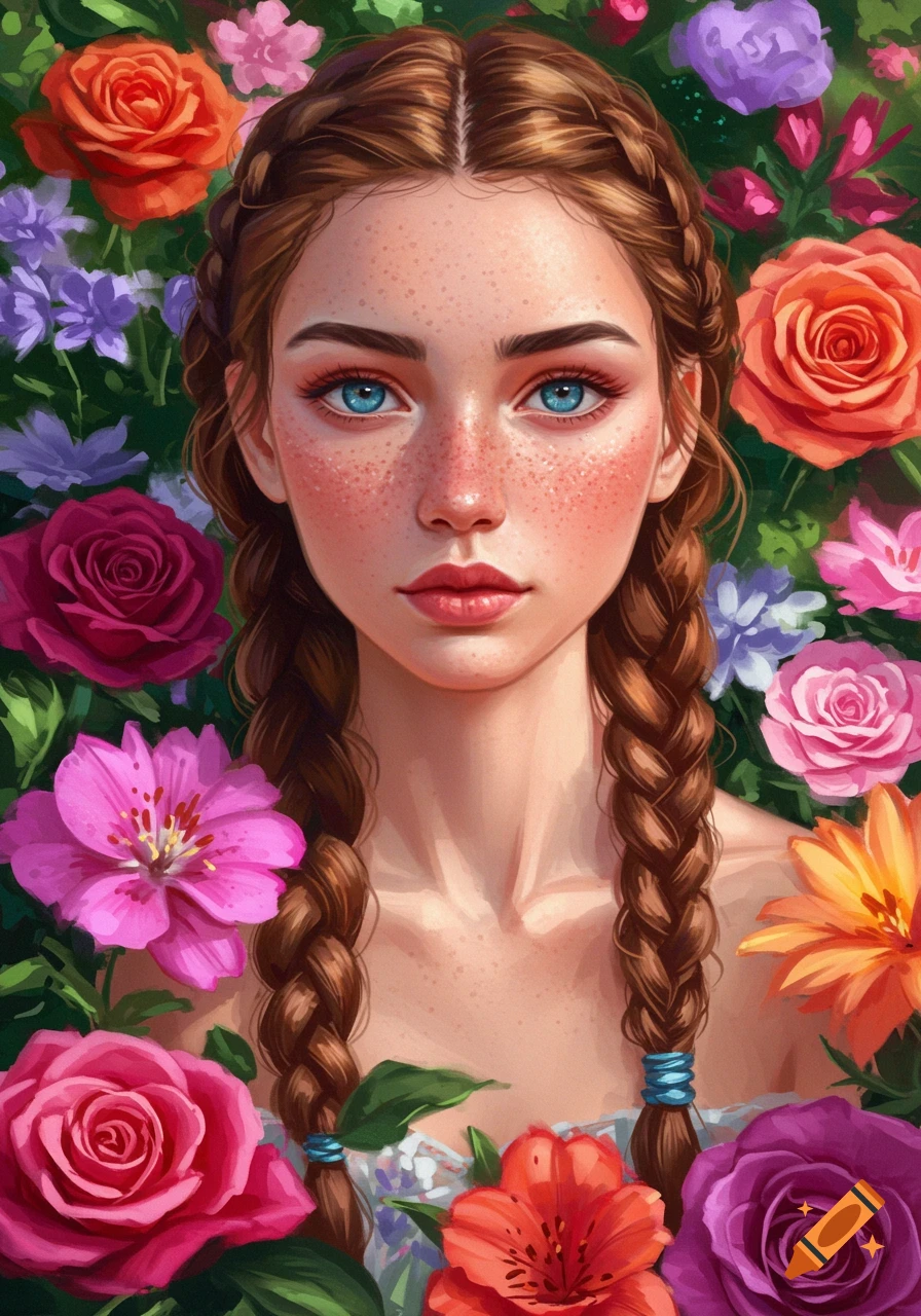 A young woman with freckles and braids surrounded by vibrant flowers.