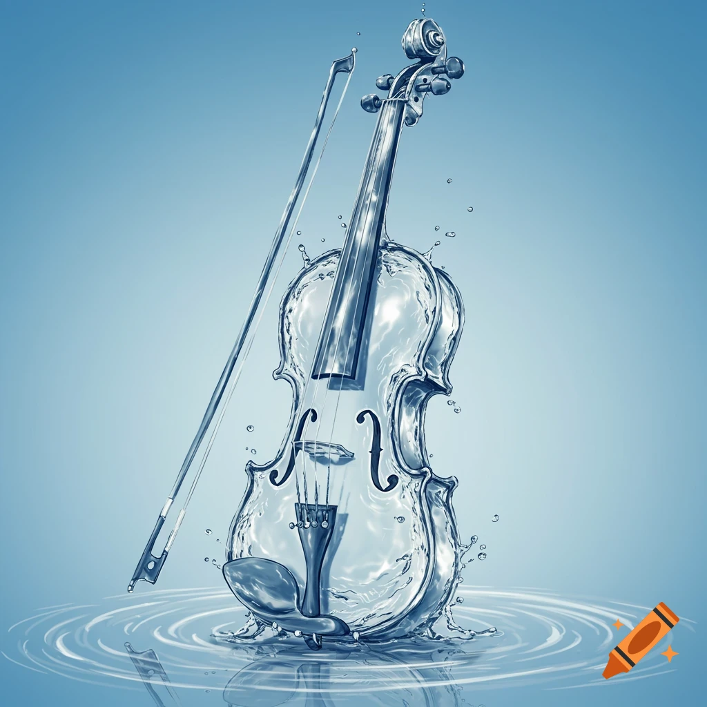 A violin made of water is shown splashing into rippling water below.