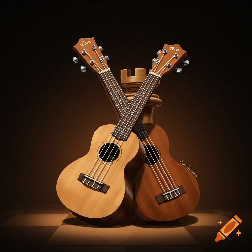 Two ukuleles leaning against a chess rook on a checkered surface, digital art.