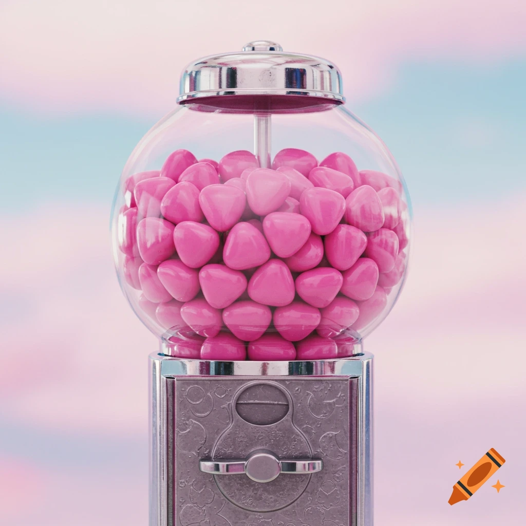 Gumball machine filled with pink heart-shaped gumballs against a pastel sky