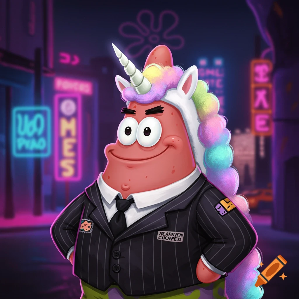 Patrick Star in a pinstripe suit and unicorn costume stands on a neon-lit city street.