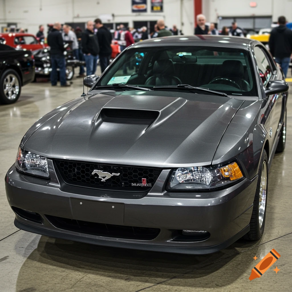 A grey Ford Mustang Mach 1 parked indoors at a car show.