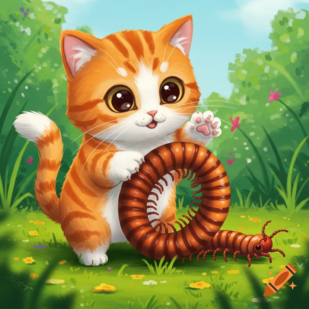 A cute cartoon orange tabby cat playing with a millipede in a grassy field.