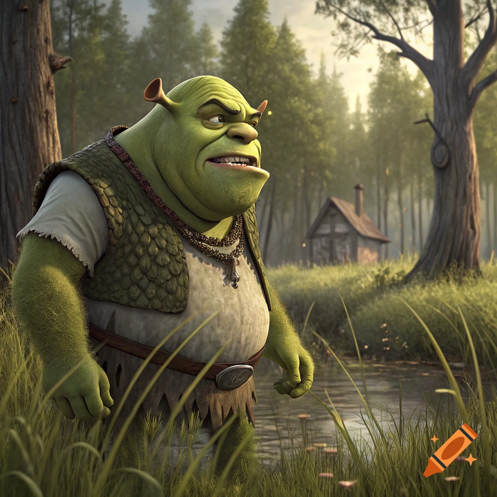 Shrek stands in a swampy forest clearing with a hut in the background.