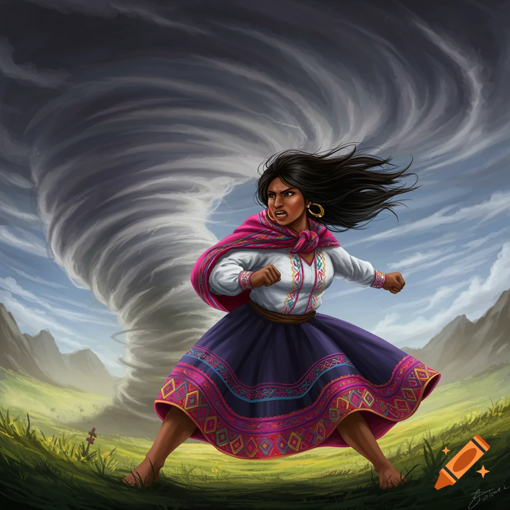 A fierce woman in traditional Peruvian dress confronts a tornado in a landscape.