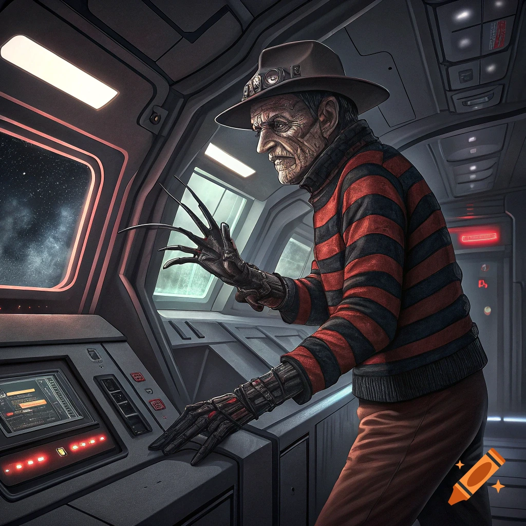 Freddy Krueger stands by controls in a spaceship bridge, wearing his striped sweater and clawed glove.