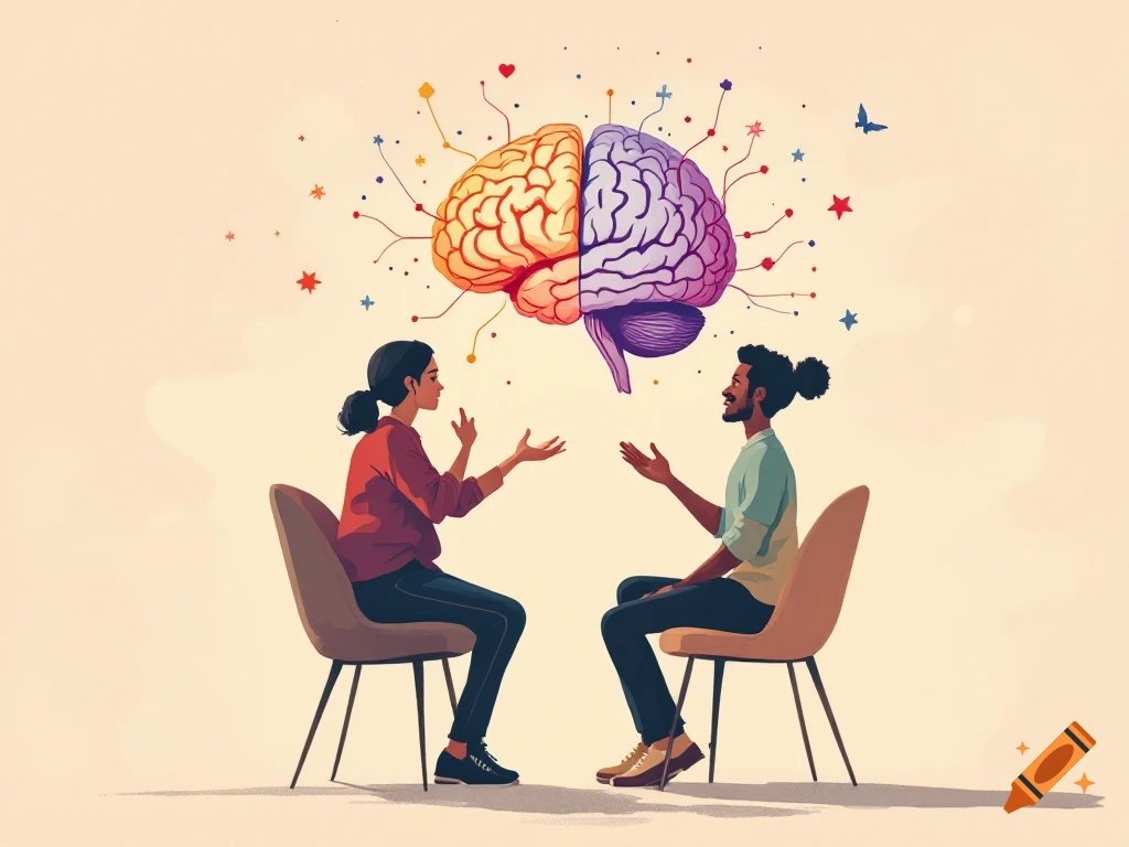 Two people are discussing a stylized brain diagram above them.