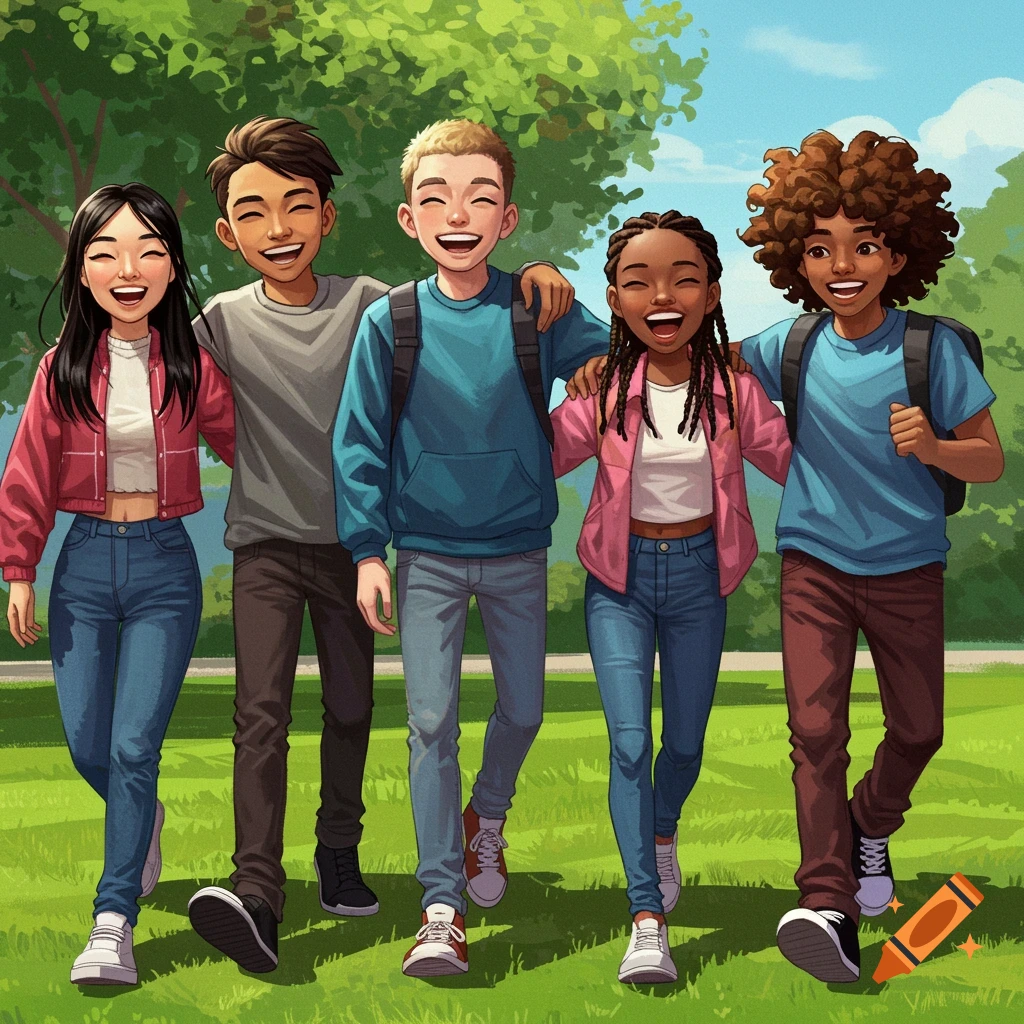 Vibrant illustration of a diverse group of happy teenagers with backpacks walking together in a sunny park.