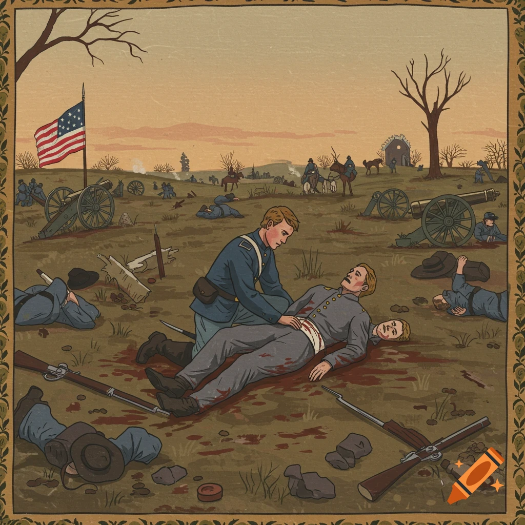 Civil War battlefield folk art painting with soldier aiding a wounded officer