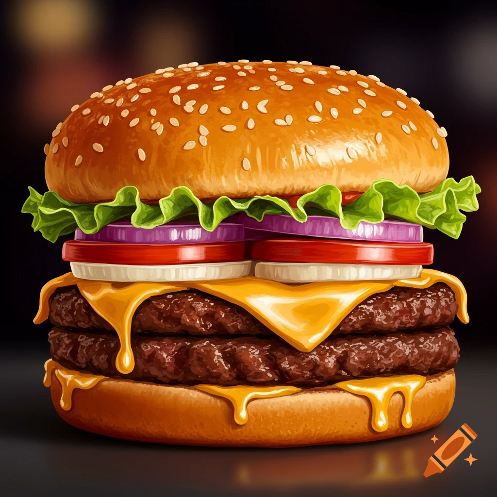 A large double cheeseburger with lettuce, tomato, onion, and dripping cheese.