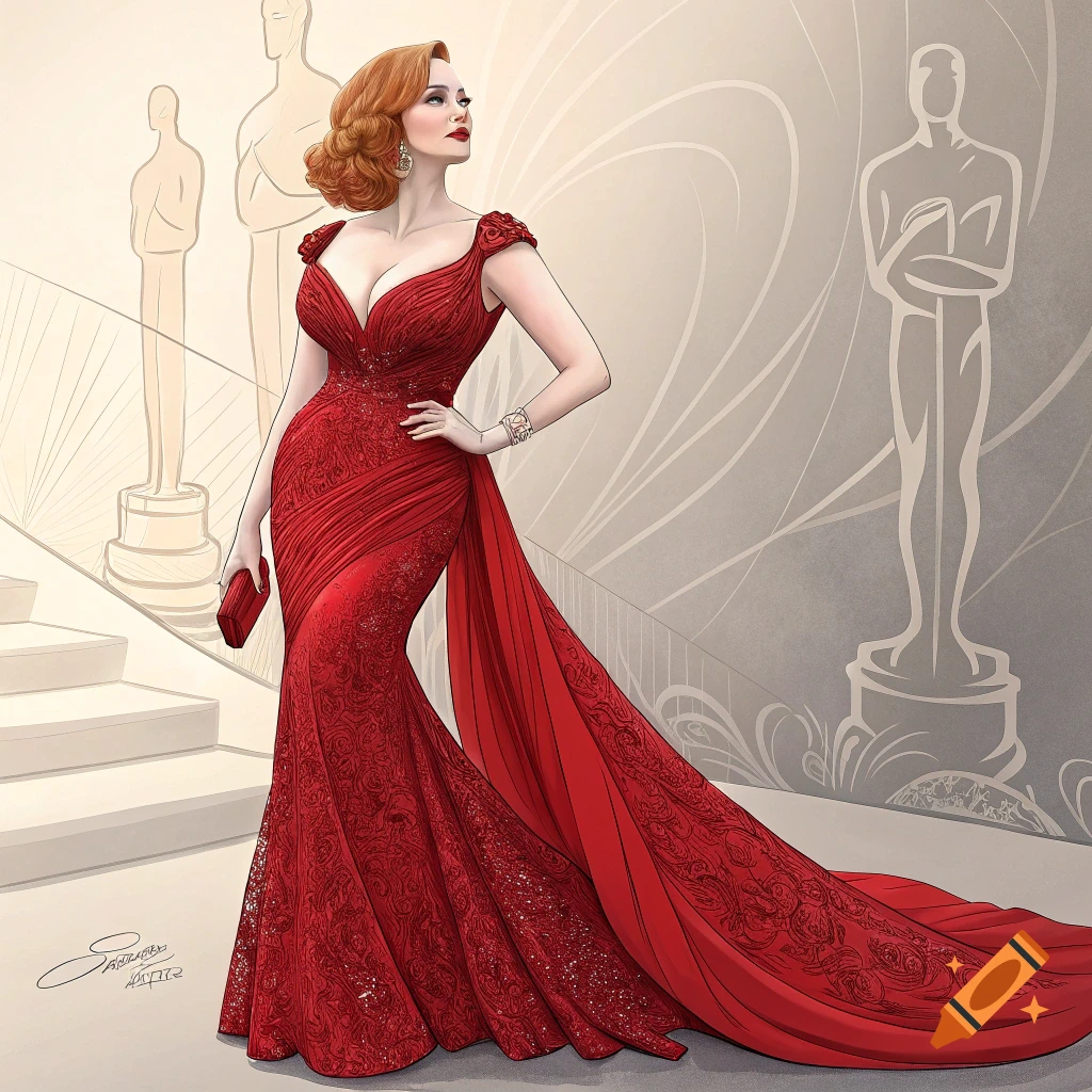 Illustration of a woman in a red gown on a red carpet with Oscar statues in the background.