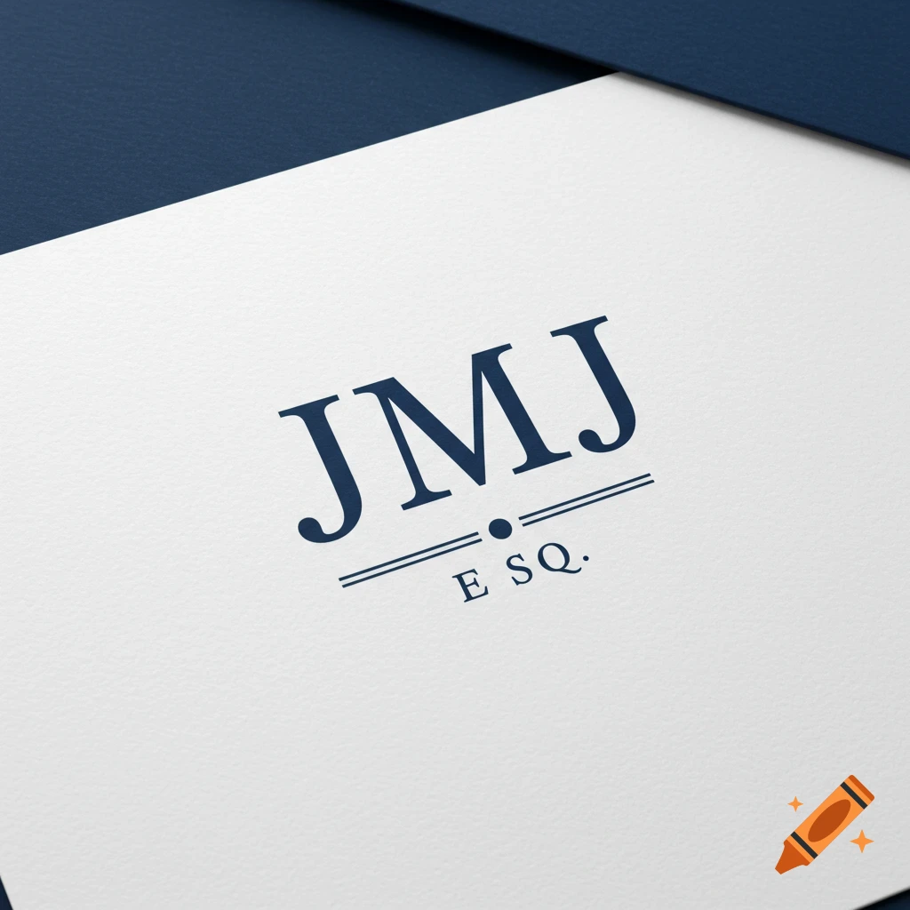 Navy blue monogram JMJ Esq. on white textured paper