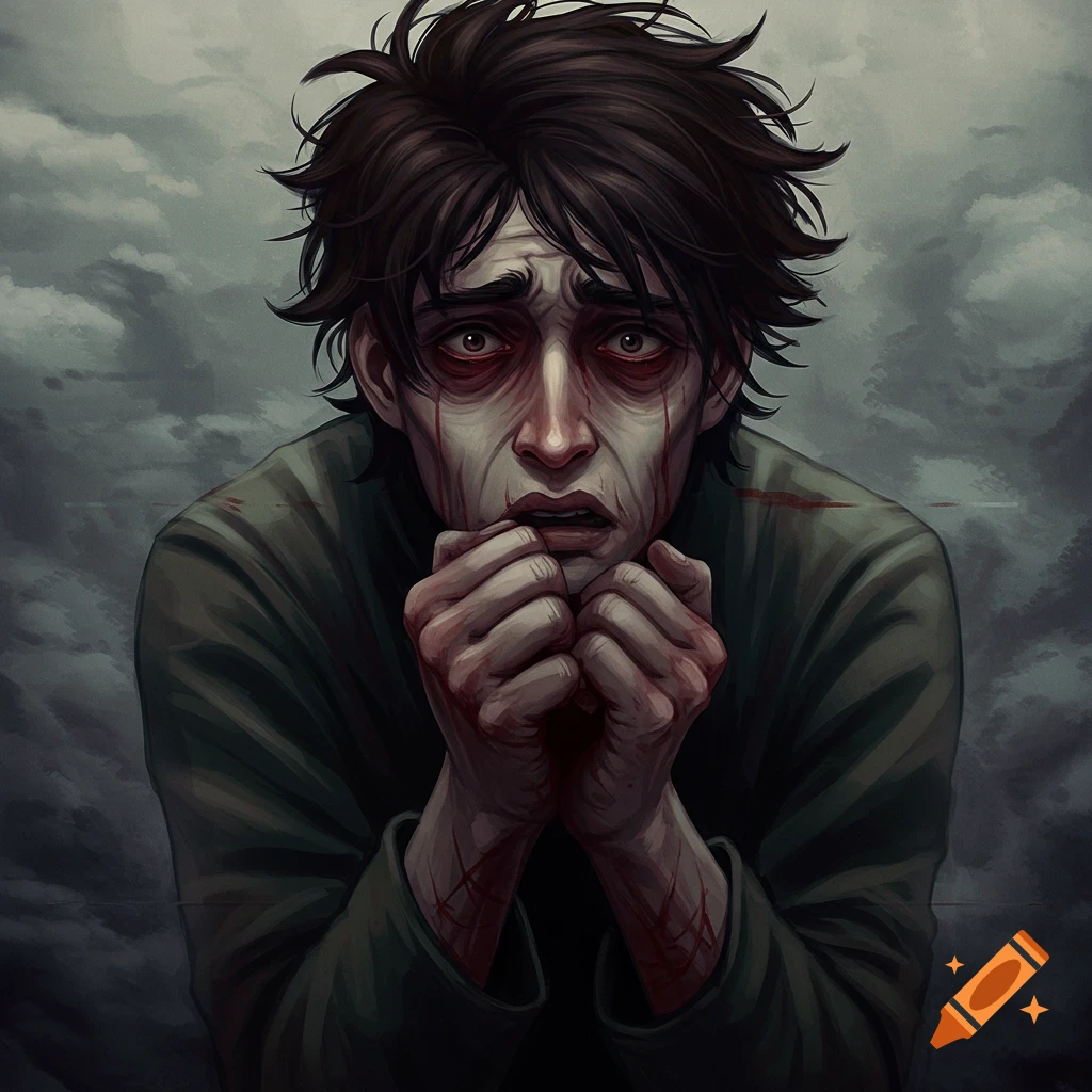 Portrait of a distressed person with bloodstains.