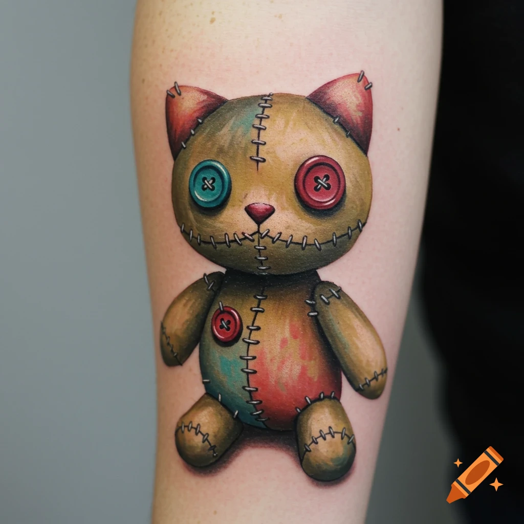 A detailed tattoo of a stitched fabric cat doll with button eyes on an arm