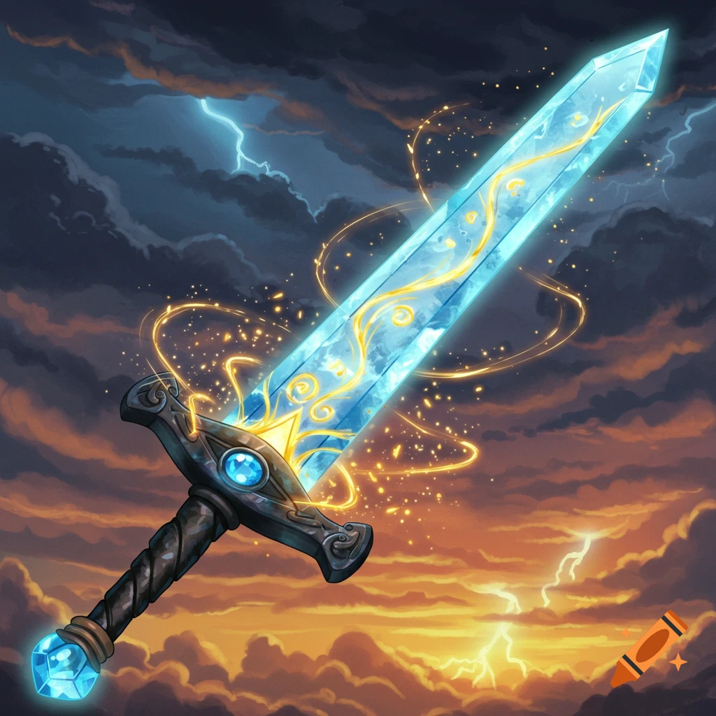 Magical sword with glowing blue blade and golden patterns against a stormy sunset sky with lightning.
