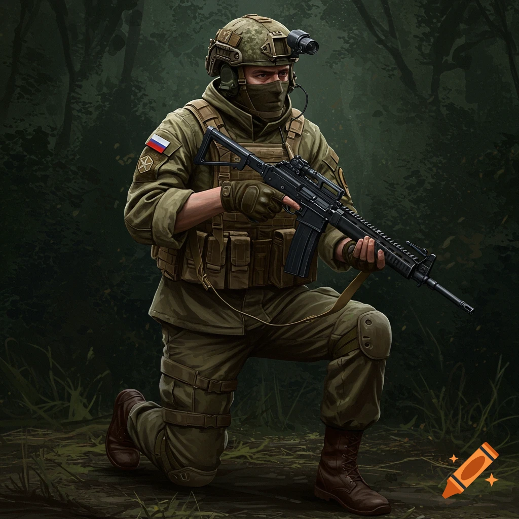 A Russian Spetsnaz soldier kneels with a rifle in a forest.