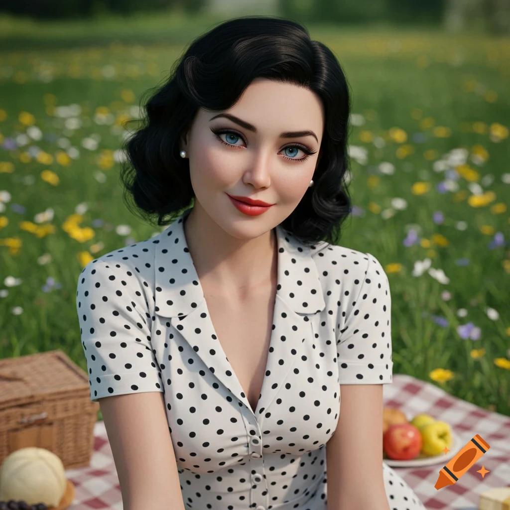 Realistic portrait of a woman in a polka dot dress picnicking in a field of flowers.