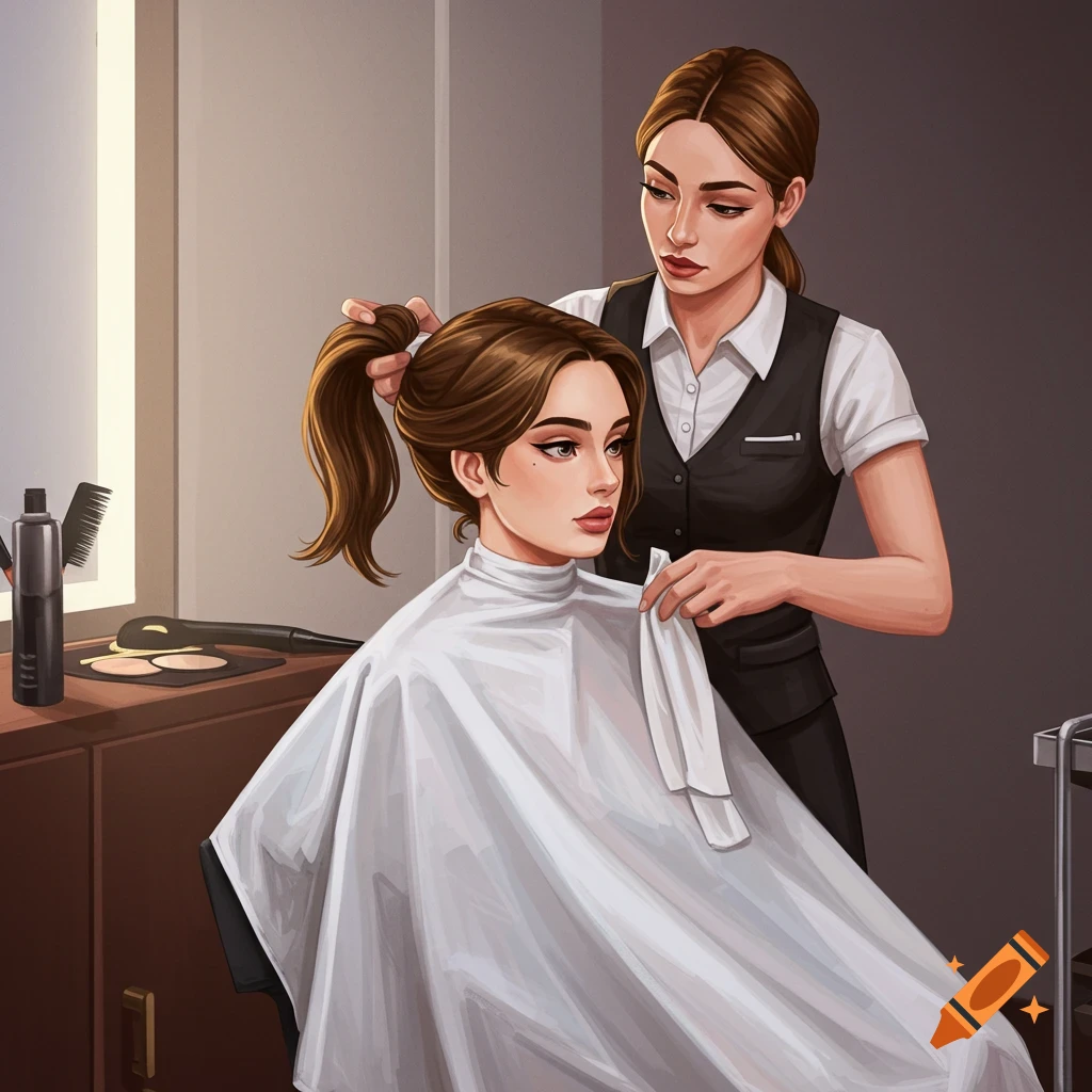 A hair stylist putting a cape on a client and gathering her hair in a salon.