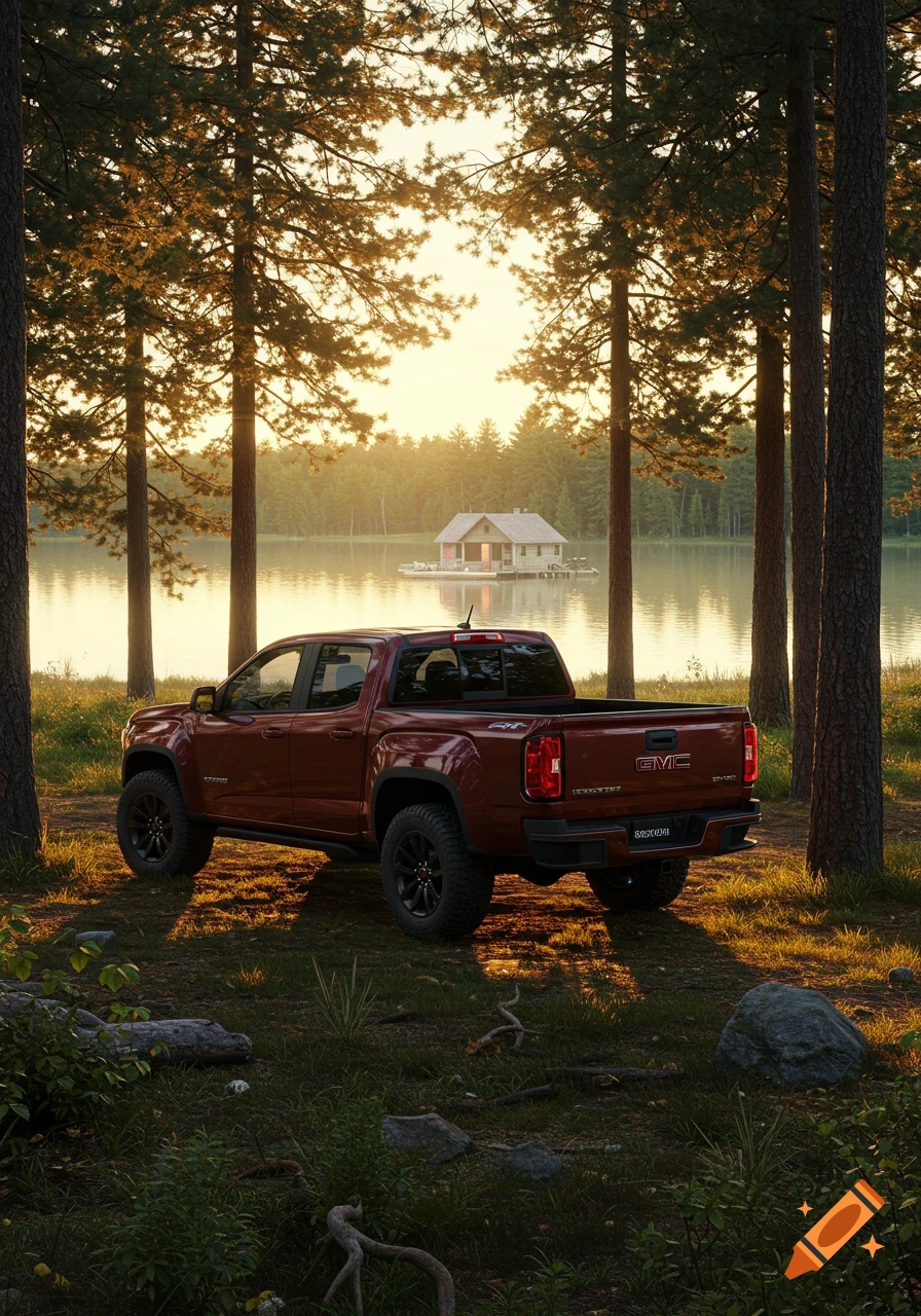 Dark red GMC Canyon truck in woods by a lake with a cottage at sunset, realistic.