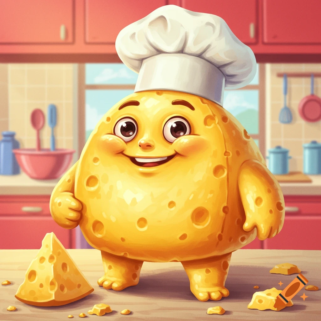 A cartoon cheese character wearing a chef hat stands in a kitchen.