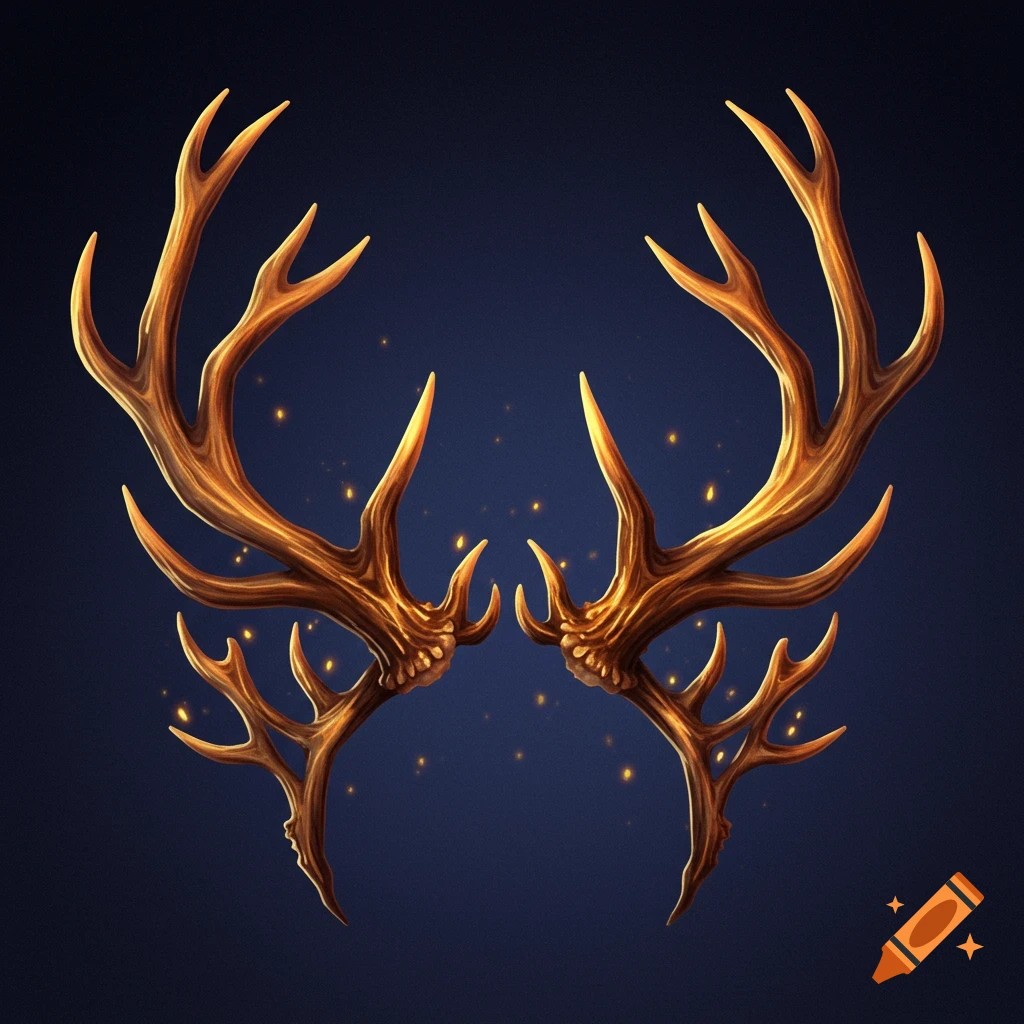 Golden antlers with sparks on a dark background.