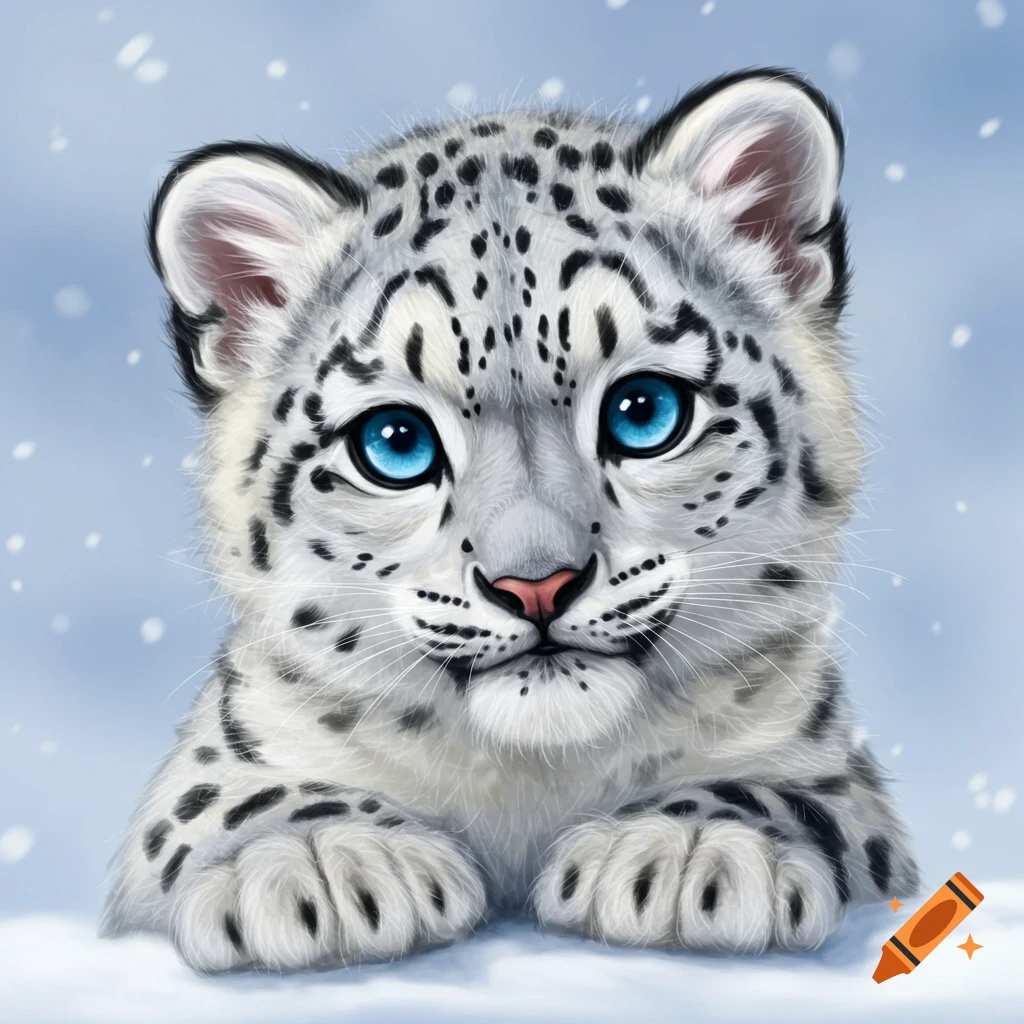 A cute snow leopard cub with bright blue eyes resting in the snow.