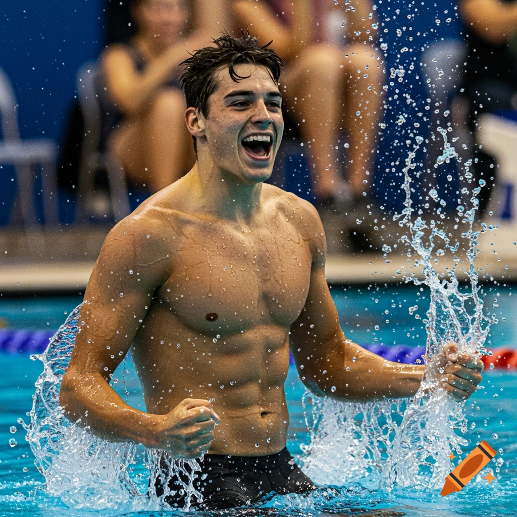 Elated male swimmer splashing water in a pool after a race
