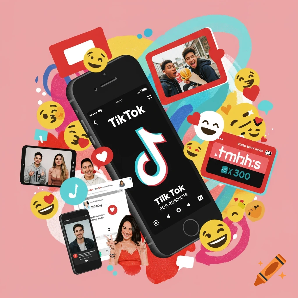A phone displays the TikTok app, surrounded by other phones, emojis, and people, for business.