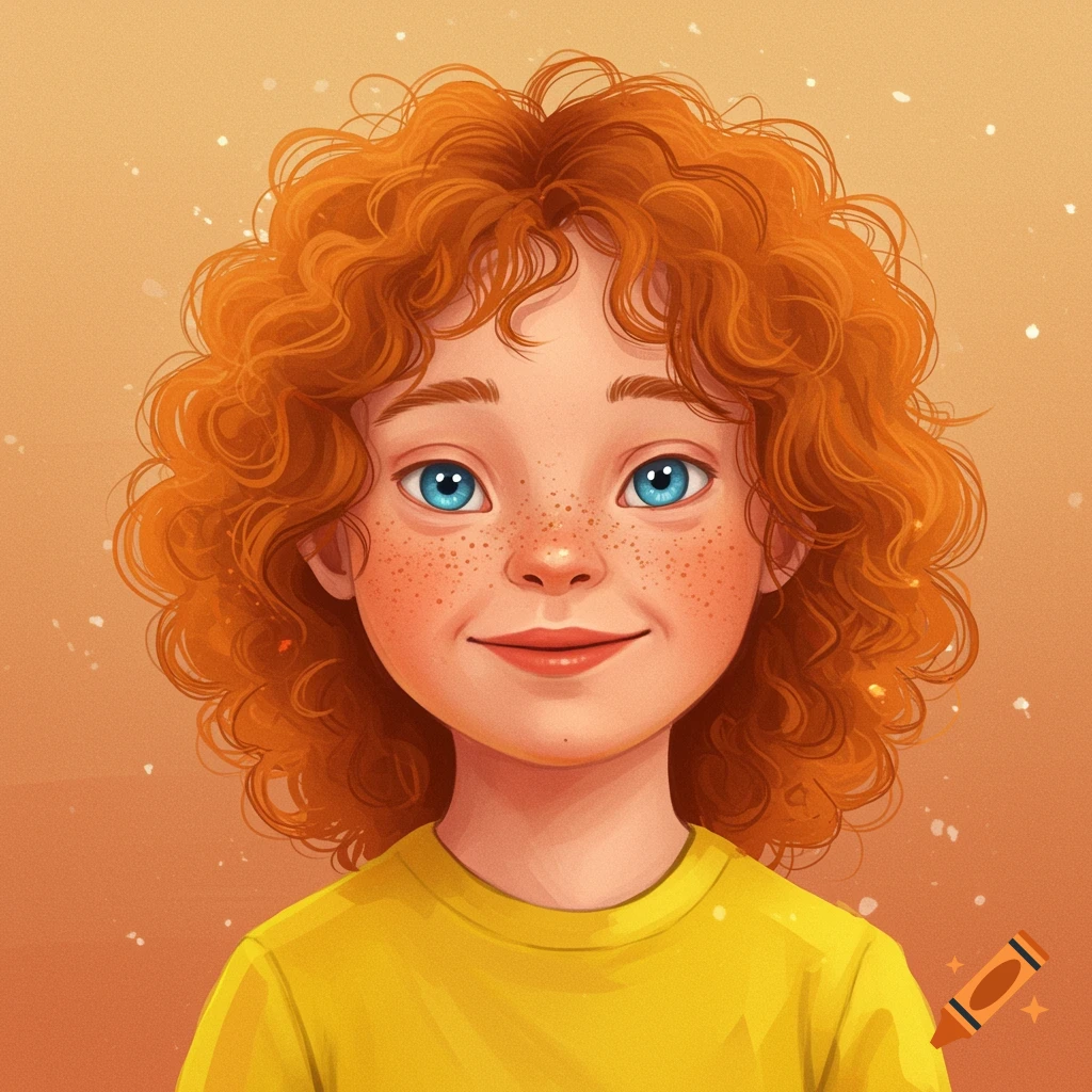 Portrait of a young child with curly red hair, blue eyes, freckles, and a yellow shirt.