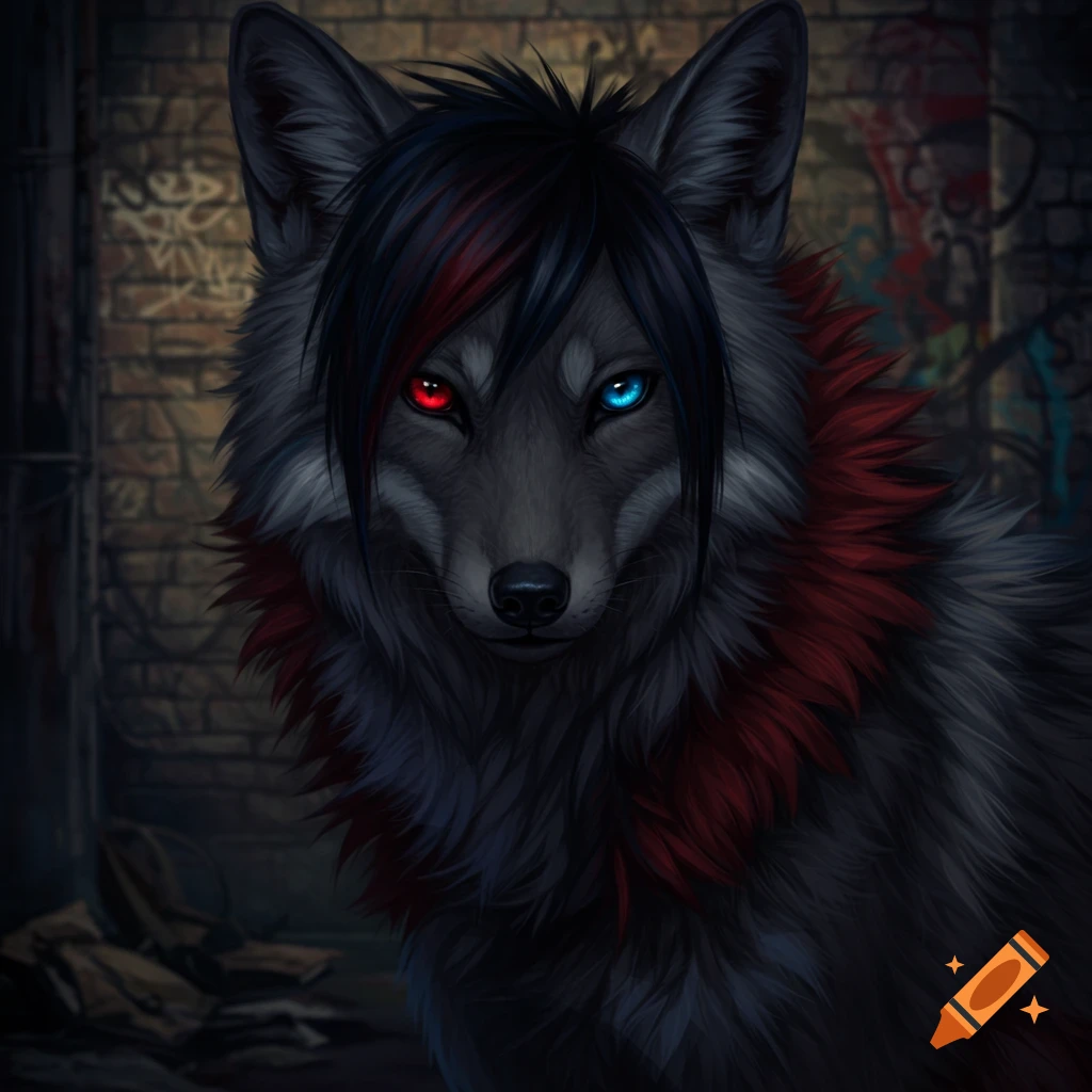 A grey wolf creature with red and blue eyes and dark hair in a graffiti alley.