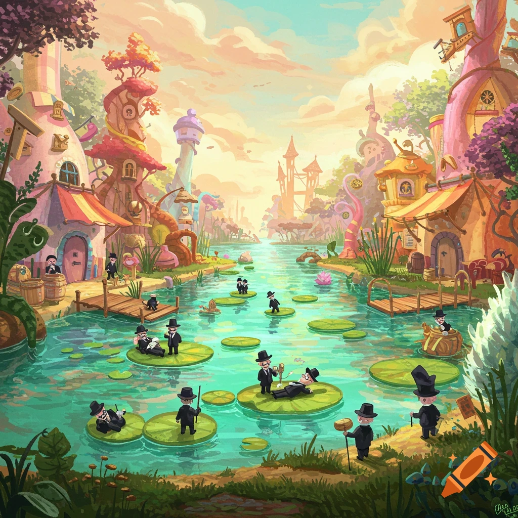 A whimsical fantasy landscape with figures in top hats floating on lily pads in a river.