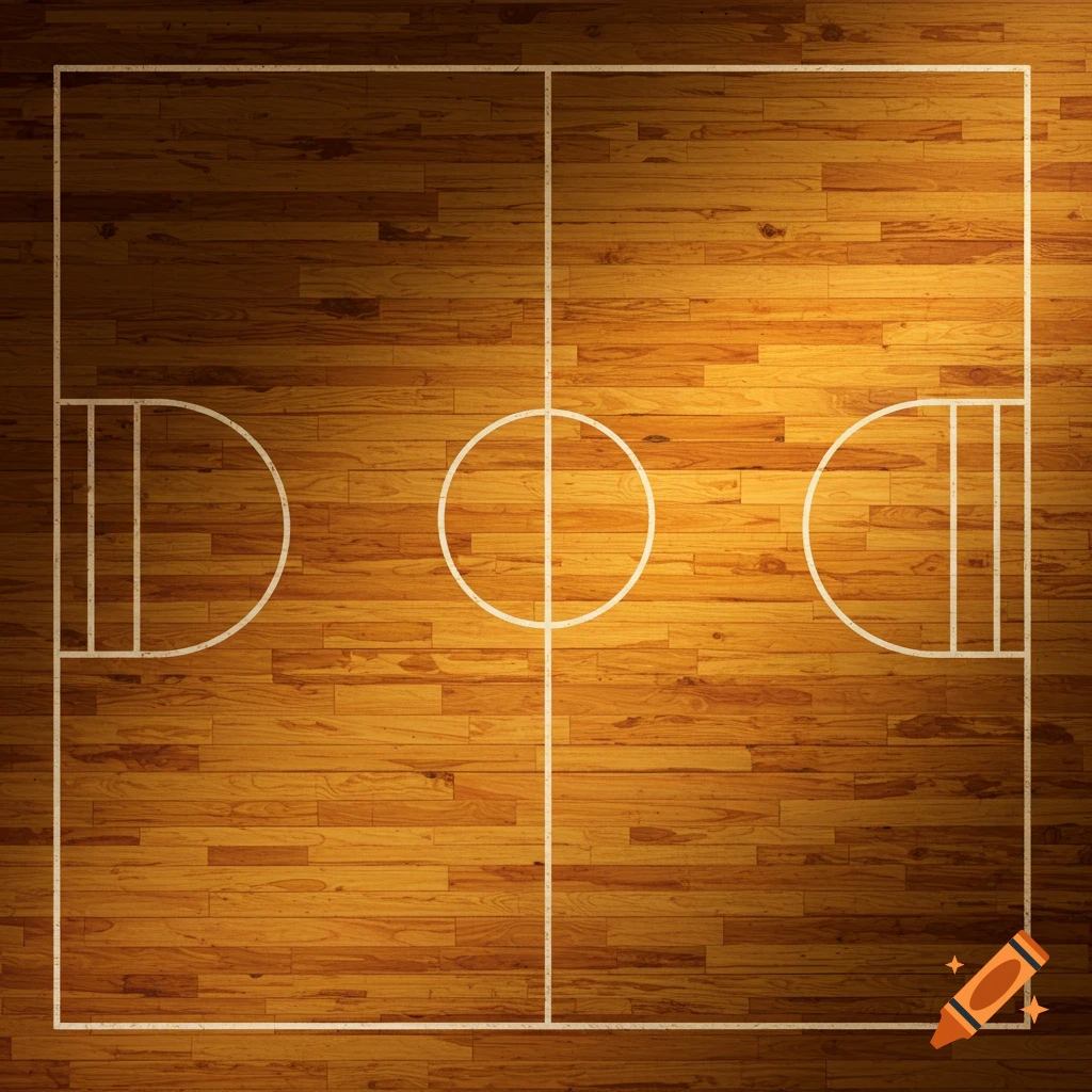 A top-down view of a basketball court floor made of wood with white lines.