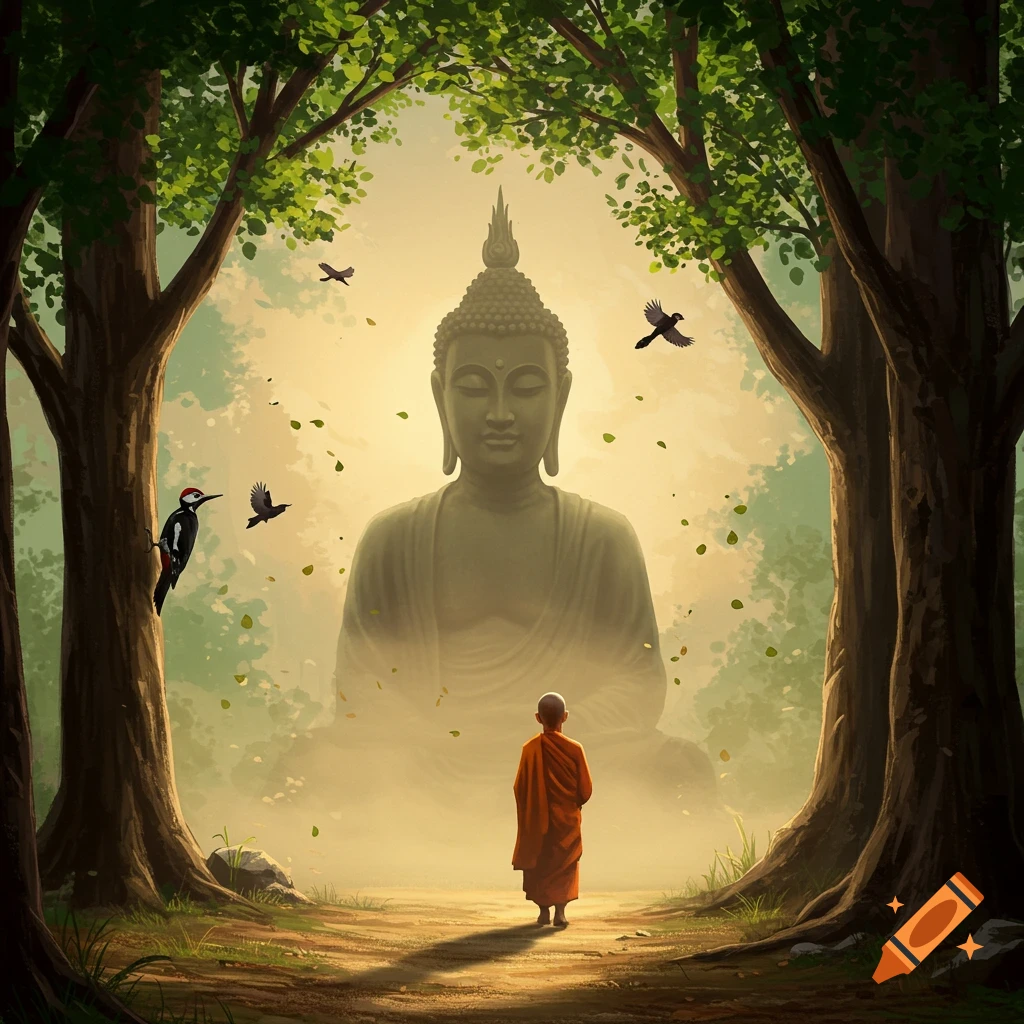 A monk is walking towards a large Buddha statue on a path in a forest. Birds are in the scene, including a woodpecker.