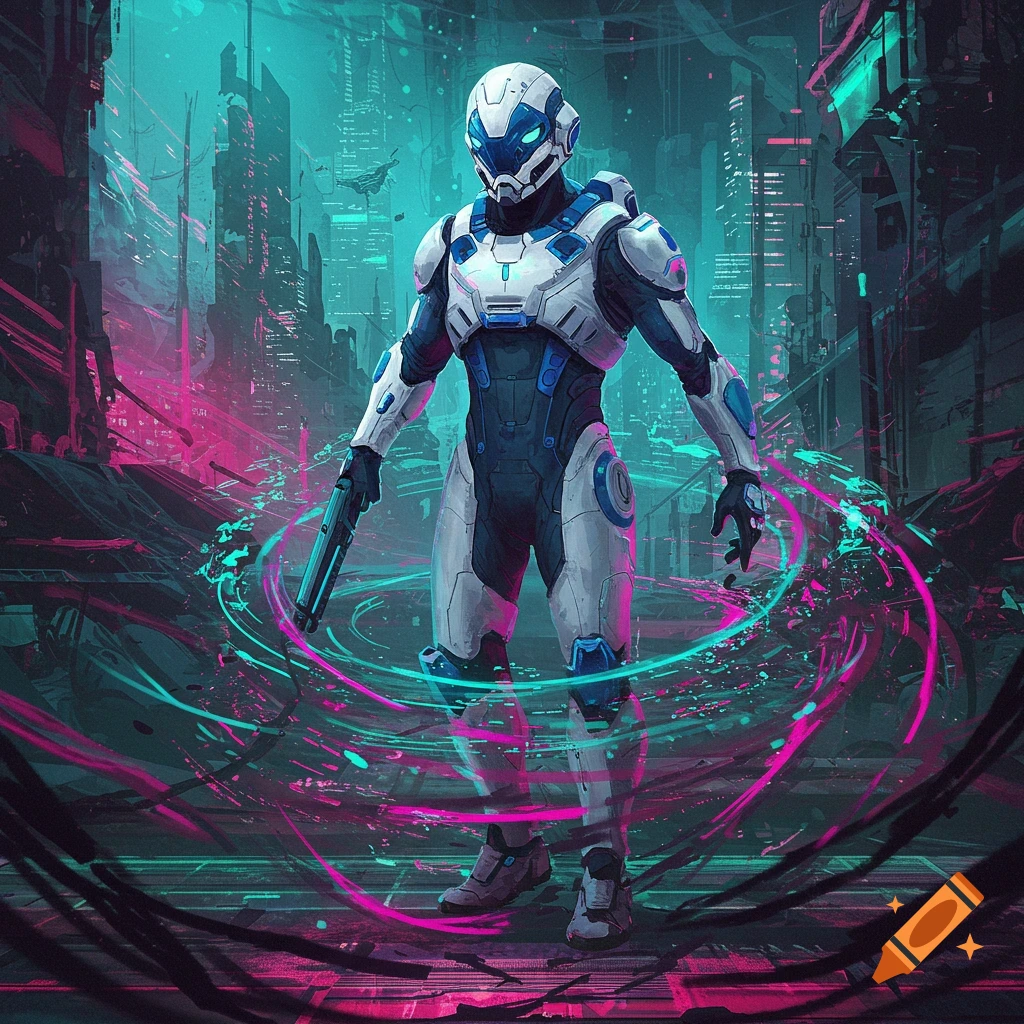 A futuristic figure in white and blue armor holding a gun in a neon cyberpunk city.