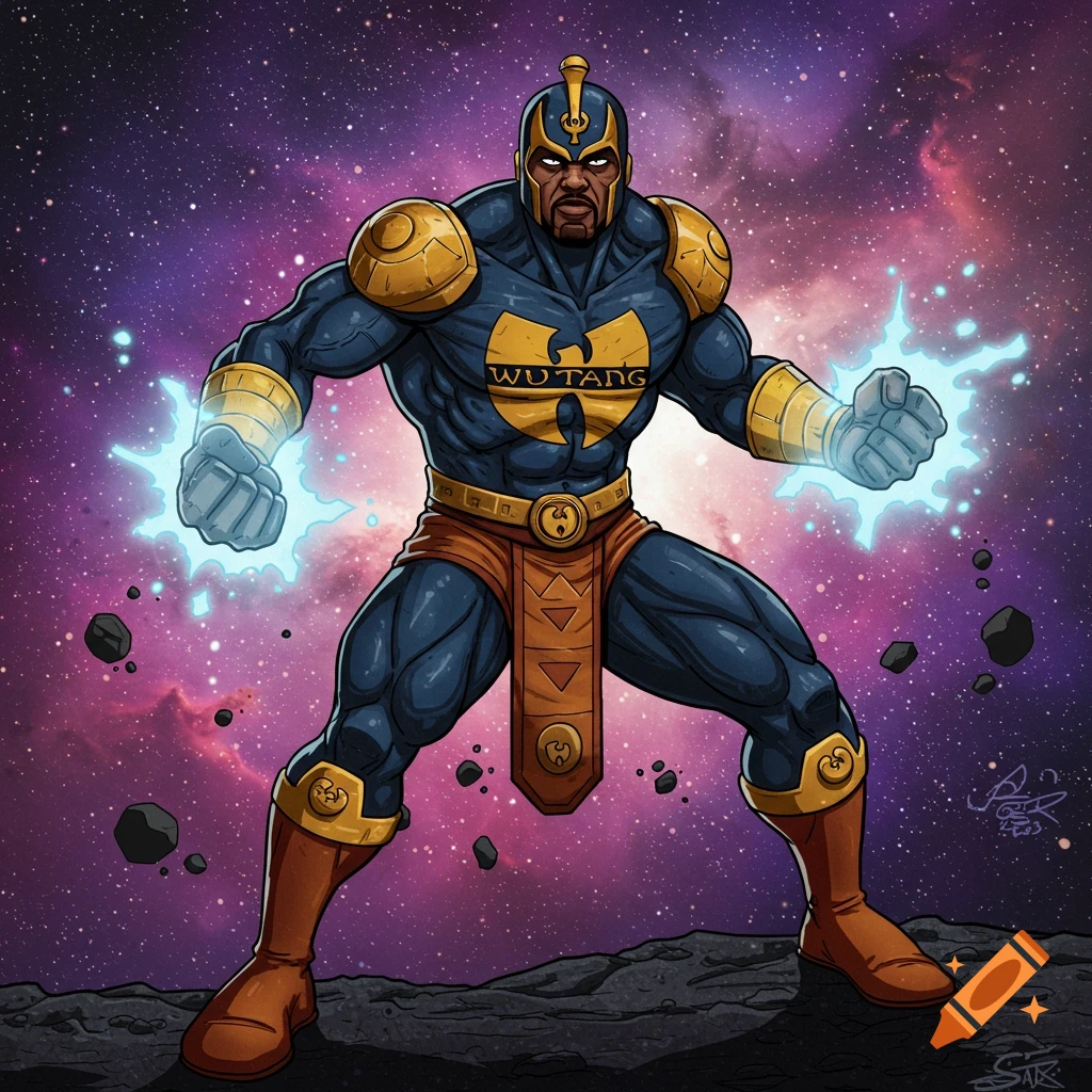 A Jack Kirby style depiction of a superhero with a Wu Tang logo on his chest, standing in space.