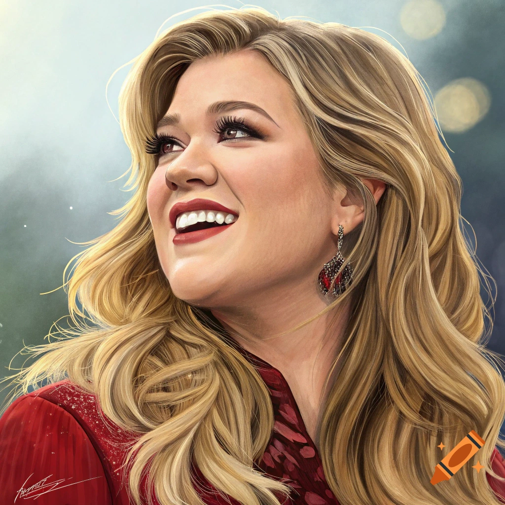 Painting of Kelly Clarkson smiling, looking up, with blonde hair, wearing a red outfit.