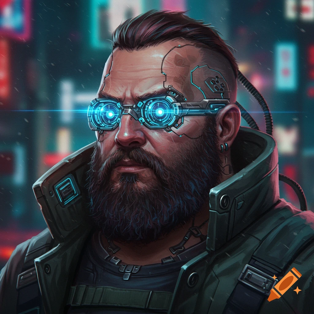A bearded man with glowing cybernetic eyes in a rainy cyberpunk city.