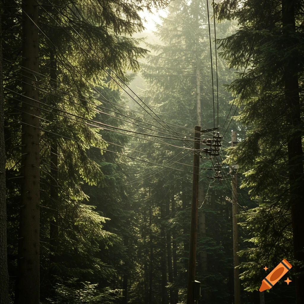 Utility lines and pole in a foggy, sunlit forest