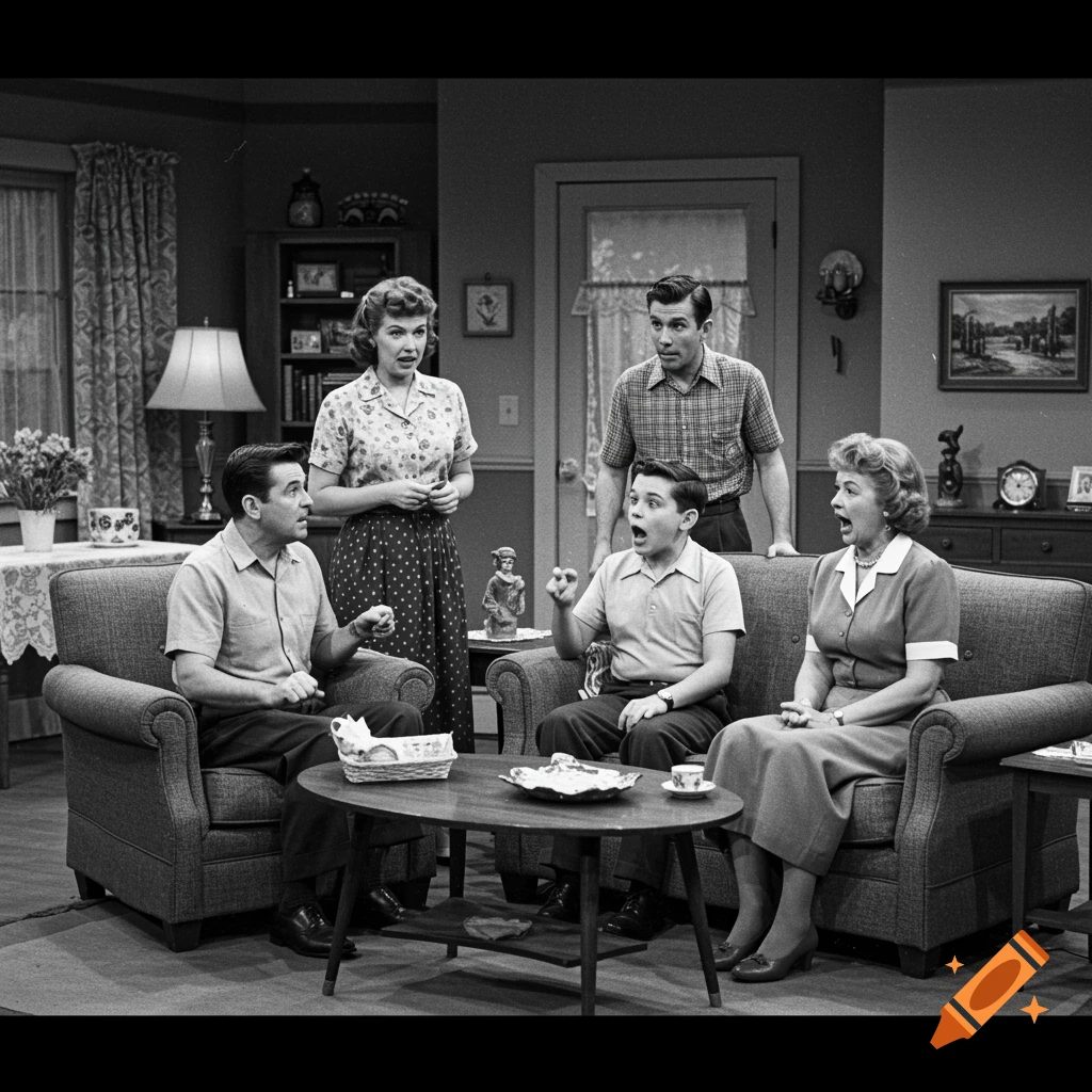 A black and white photo of a family in a 1950s-style living room with exaggerated reactions.