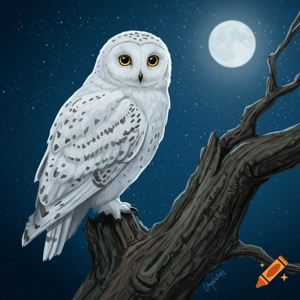 A snowy owl perched on a branch at night with a full moon.