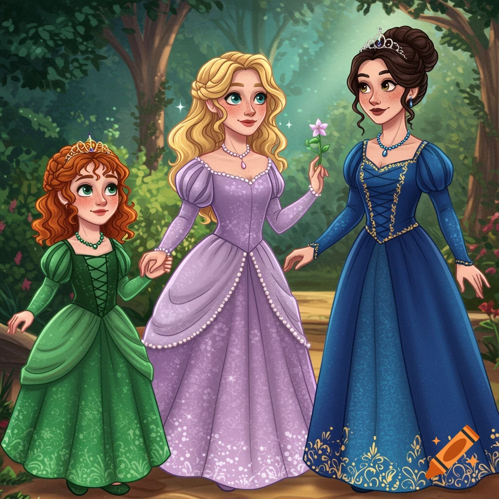 Whimsical illustration of three princesses in colorful gowns in an enchanted garden.