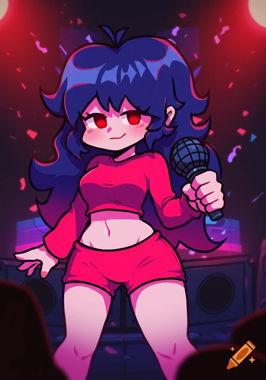 Stylized anime art of Girlfriend from Friday Night Funkin' on a stage with a microphone.