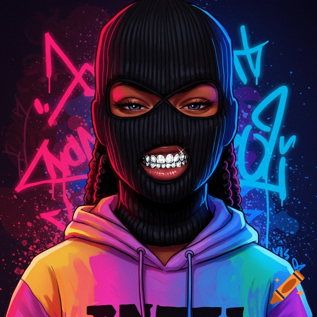 Digital art portrait of a person in a ski mask with diamond teeth grills against neon graffiti background.