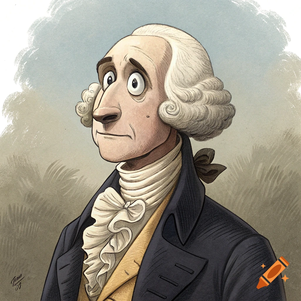 Caricature of George Washington looking surprised or concerned.