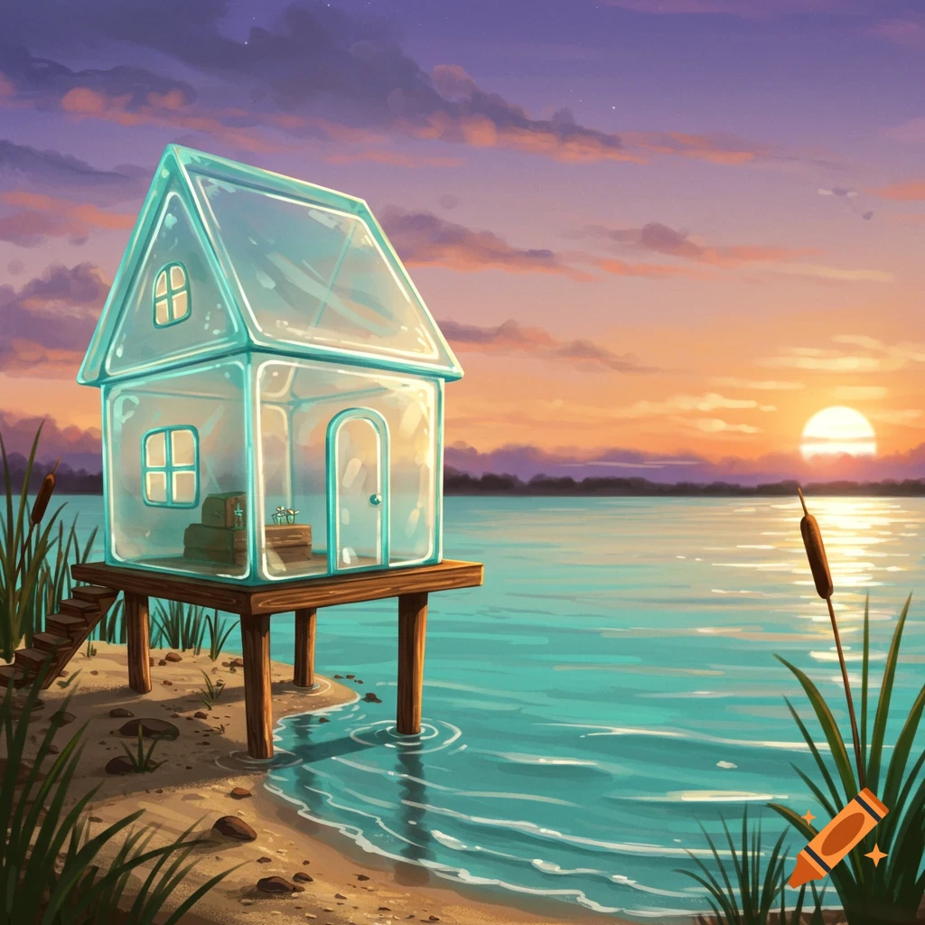 A small glass cottage on pegs by a shallow lake at sunset.