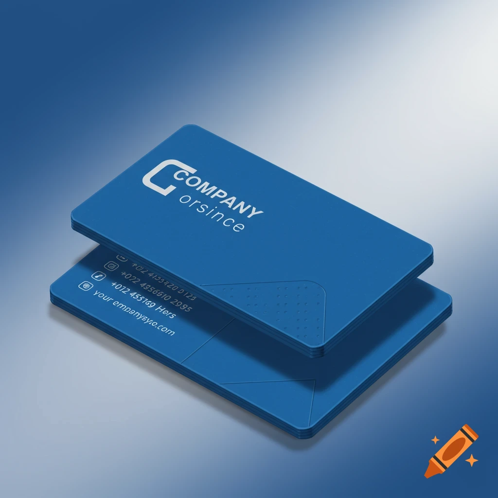 Two blue business cards with text and icons, digital rendering style.