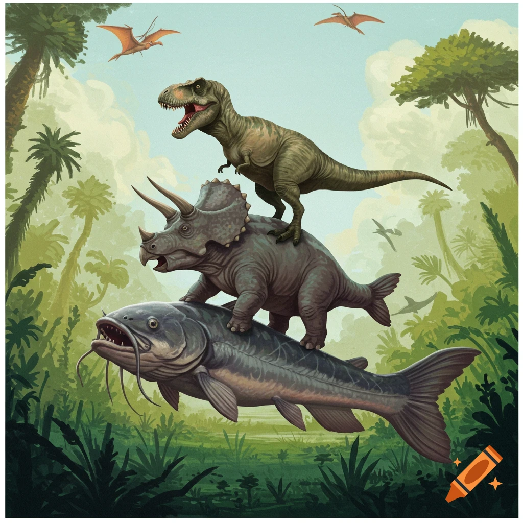 A T-Rex on a Triceratops on a catfish in a jungle.