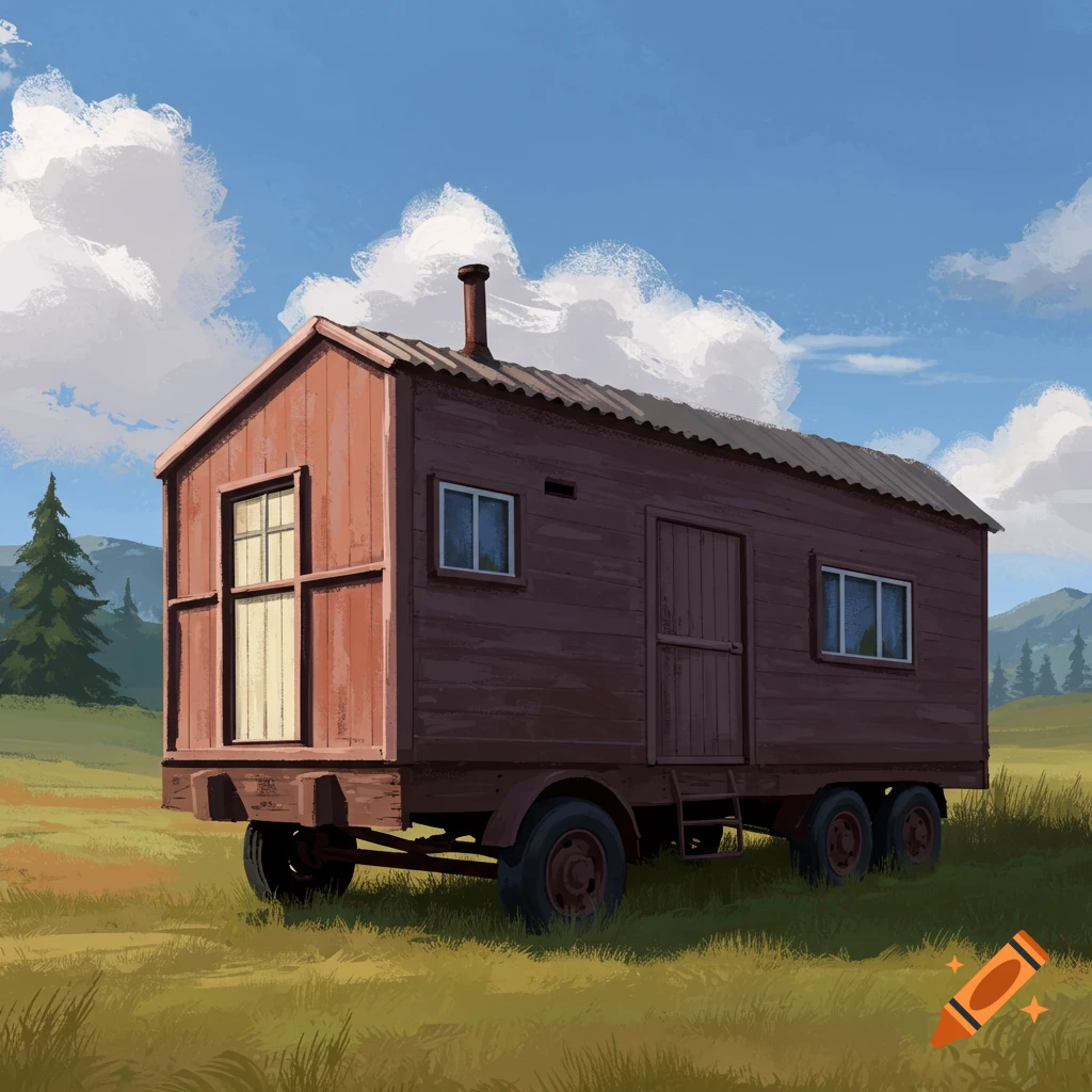 A small wooden wagon or tiny house on wheels in a grassy field.