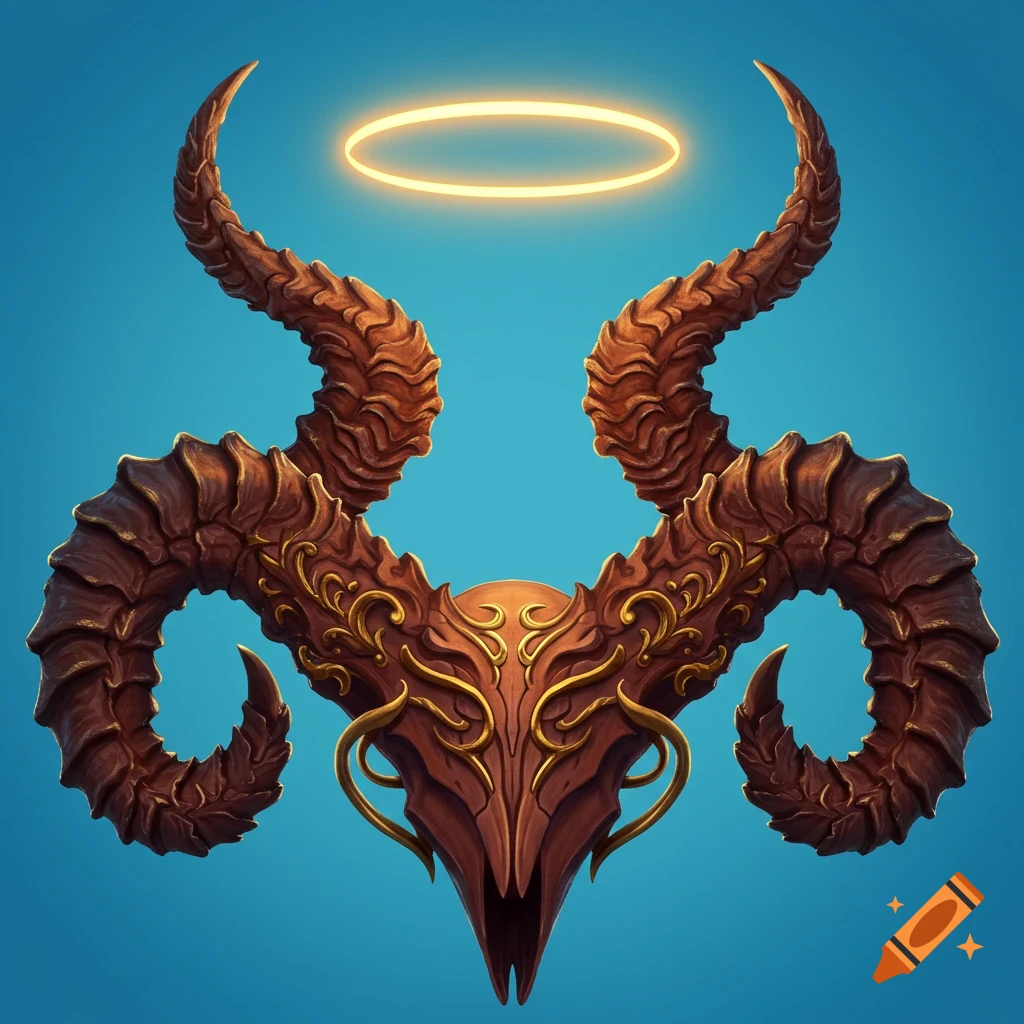 Stylized ram skull with ornate horns and a golden halo.