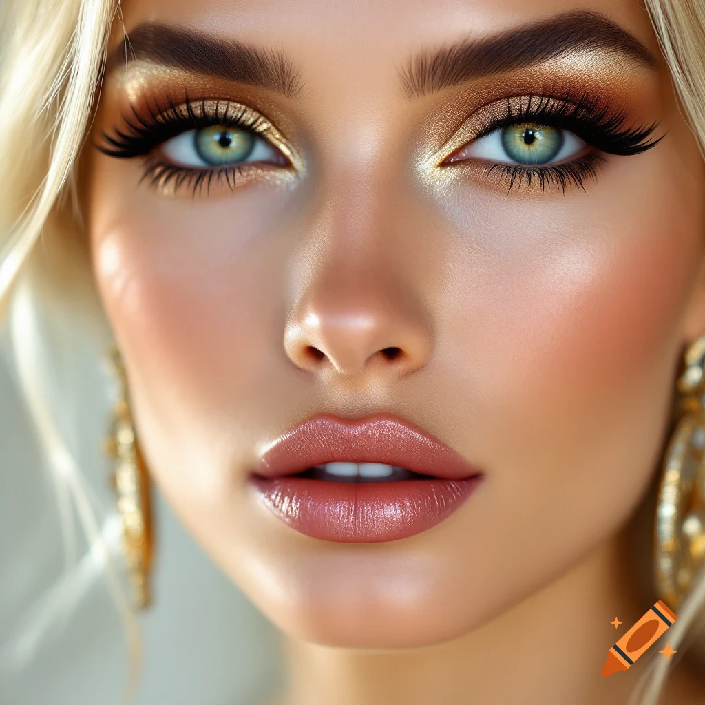 Close-up portrait of a blonde woman with dramatic gold eye makeup and glossy lips.